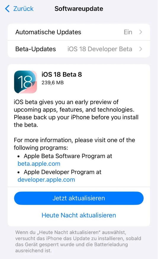 天门苹果手机维修分享苹果 iOS / iPadOS 18 开发者预览版 Beta 8 发布 